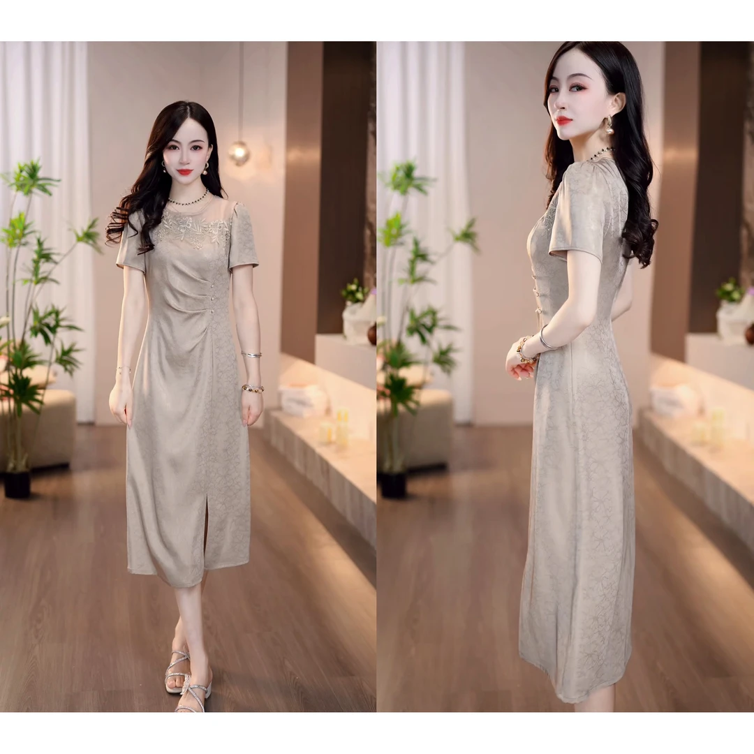 2025夏季新款米杏色绣花优雅气质收腰显瘦中式旗袍连衣裙M-4XL