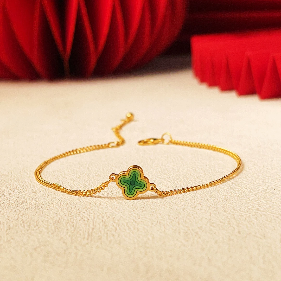 TSL/谢瑞麟计价足金珐琅手链黄金绿色珐琅回纹手链