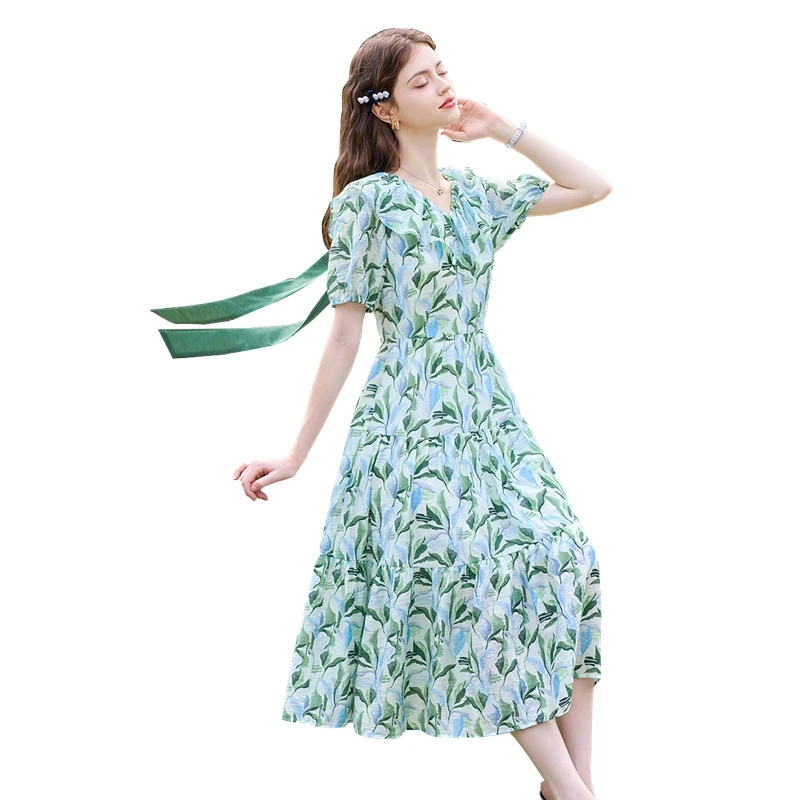 她池2025莱赛尔夏新法式度假风收腰茶歇印花中长连衣裙T42B1523L