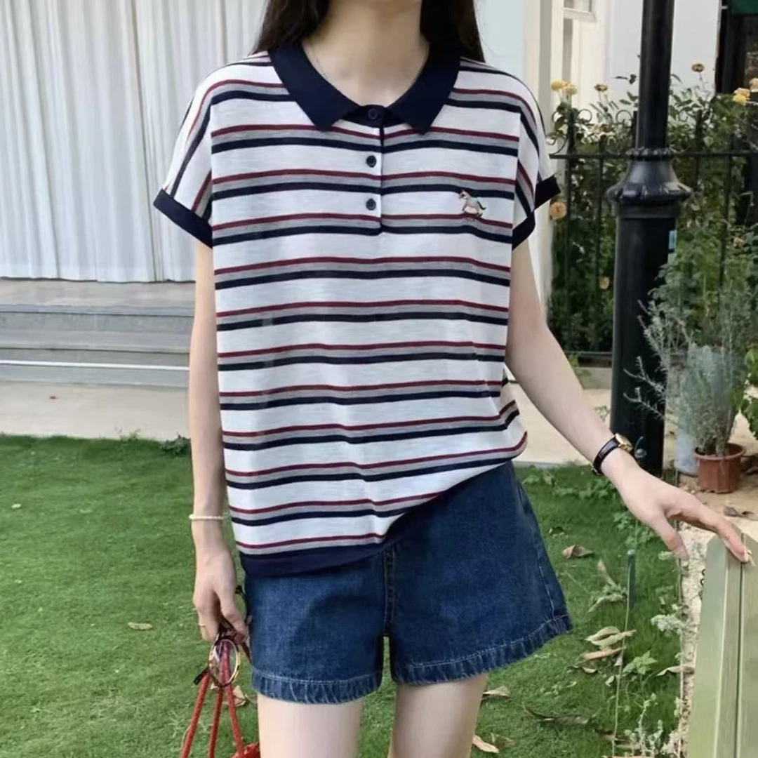 夏季新款时尚百搭休闲条纹翻领短袖针织衫女宽松显瘦polo领T恤