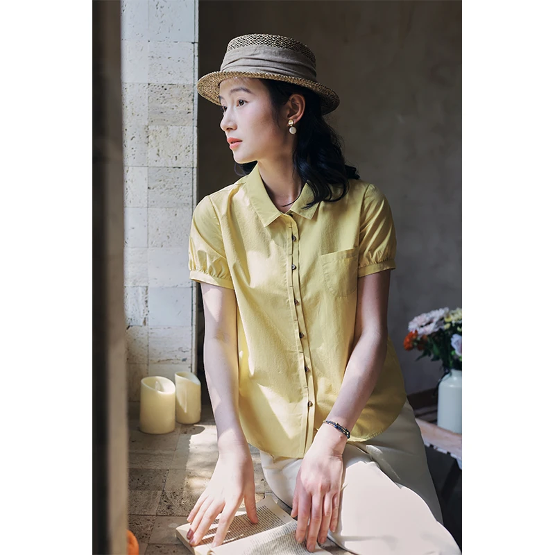 红念黄色纯棉衬衫女短袖设计感夏季2025新款女装气质休闲衬衣上衣