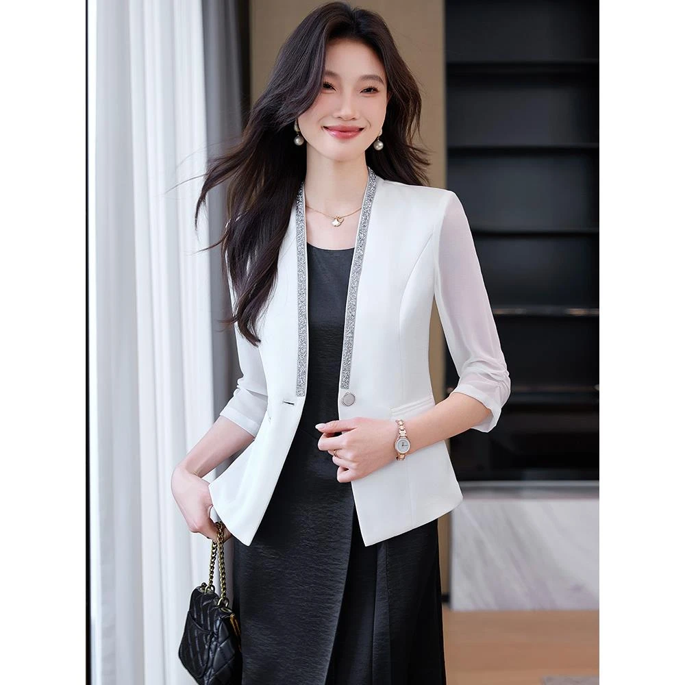 白色无领西装外套女小个子夏季薄款2026新款高级感气质七分袖套装