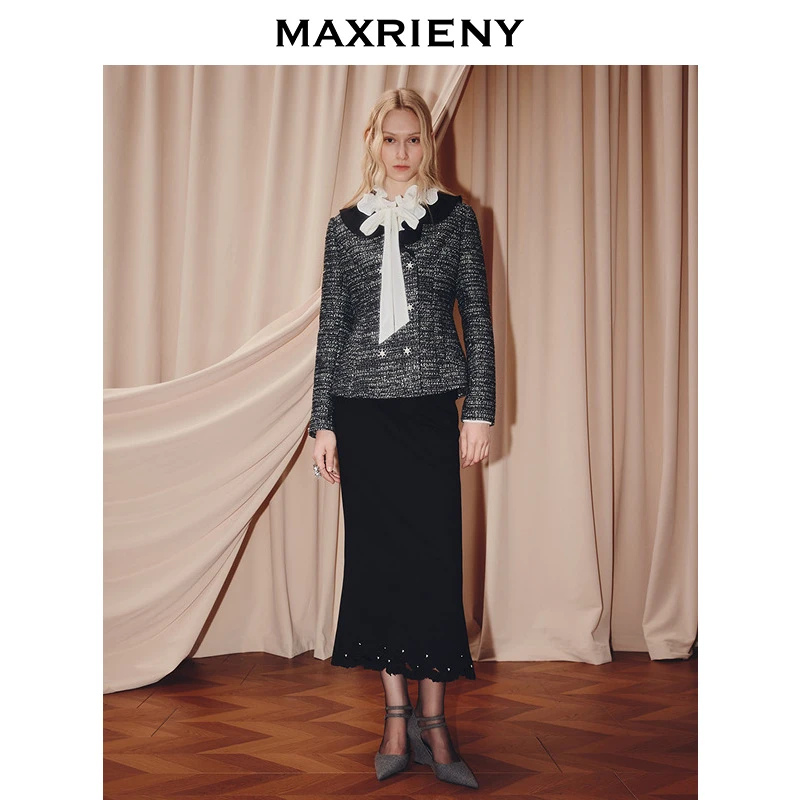 MAXRIENY法式复古撞色花纱外套25冬款名媛大女主穿搭x型收腰上衣