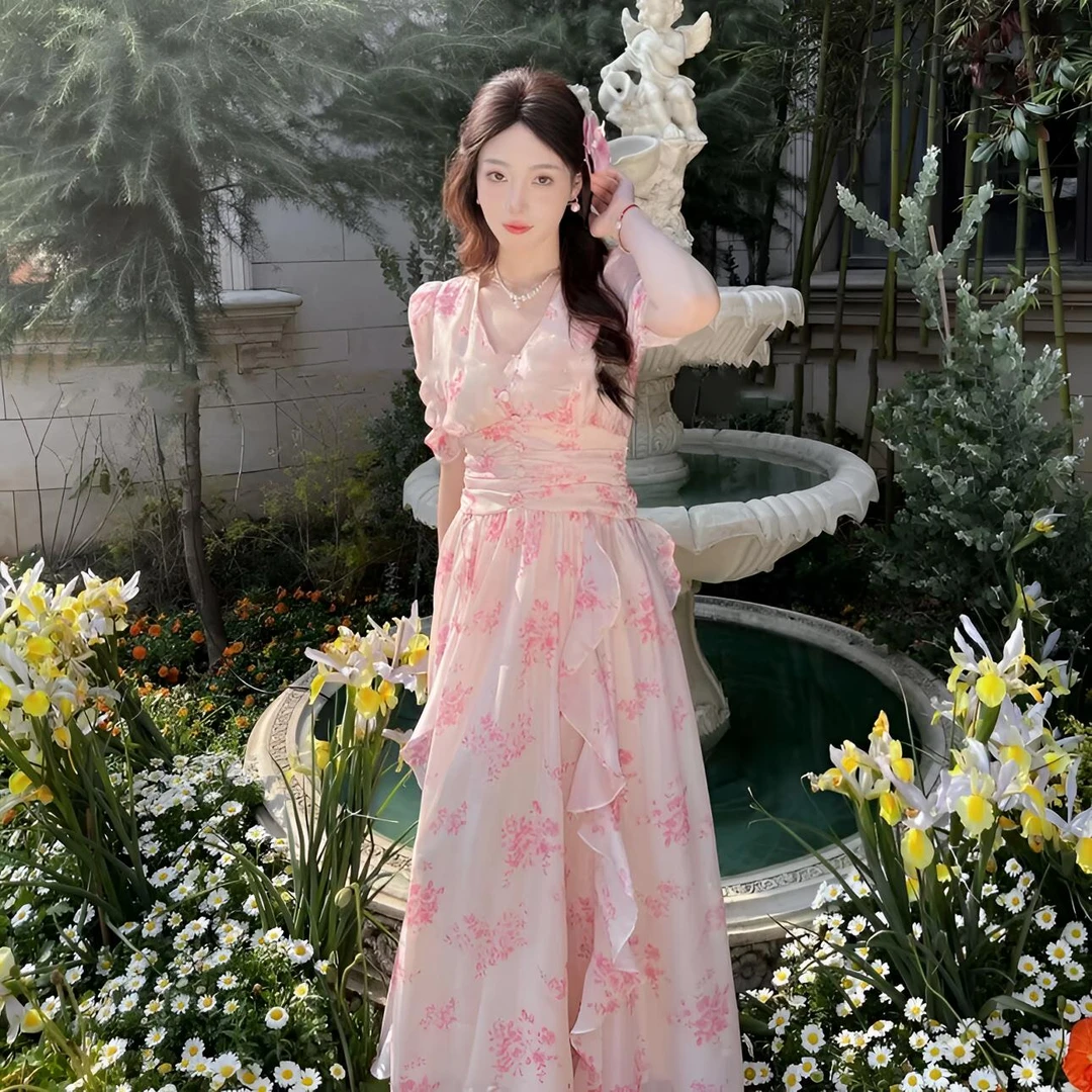千语栀【野趣蔷薇】飘逸柔美~粉色收腰连衣裙长裙小碎花雪纺连衣裙