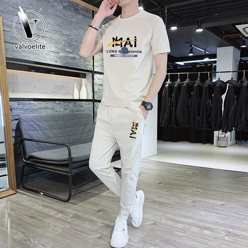 VALVOELITE2025年夏天季冰丝短袖套装男时尚搭配休闲运动裤子衣服