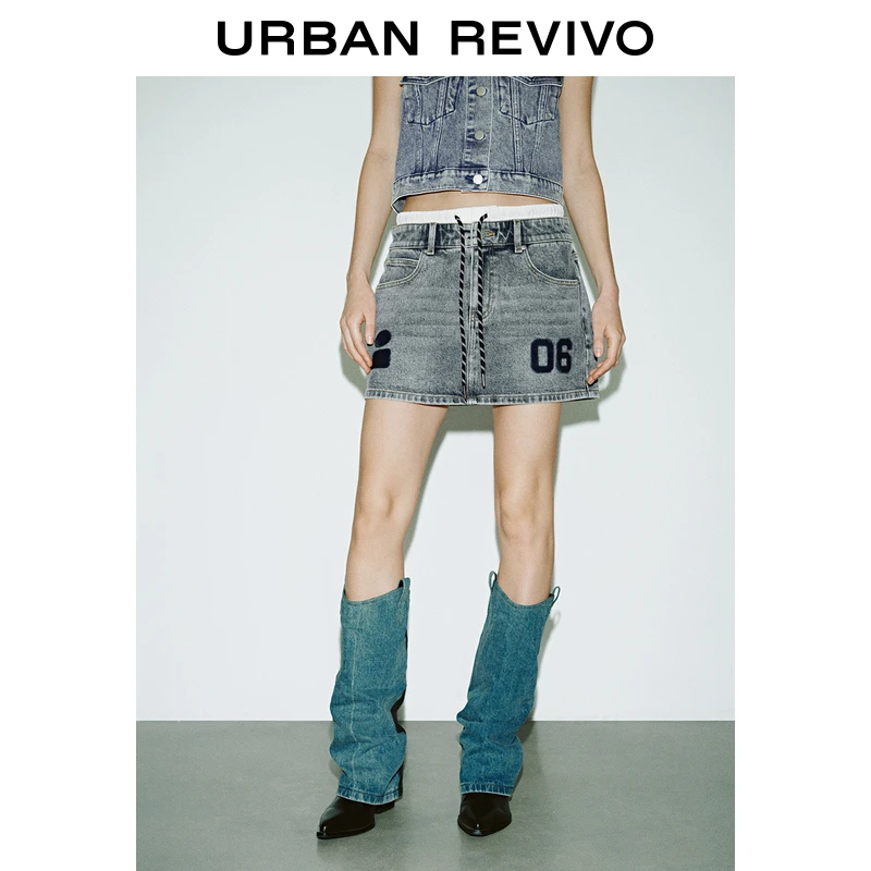 UR2025秋季新款女装撞色数字拼接腰头牛仔半裙UYV850029