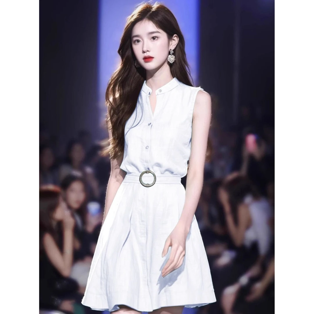 法式精致衬衫连衣裙夏季高端设计气质收腰高级感御姐风无袖短裙女