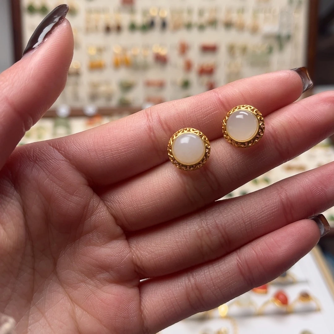 和田玉银S925镀金镶嵌耳坠