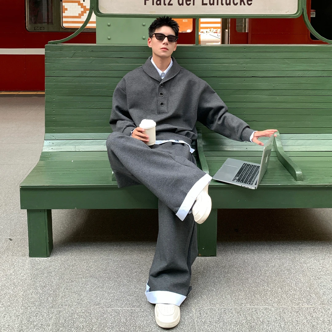 Holocene美式潮牌氛围感纯色假两件卫衣套装男秋季两件套装25158