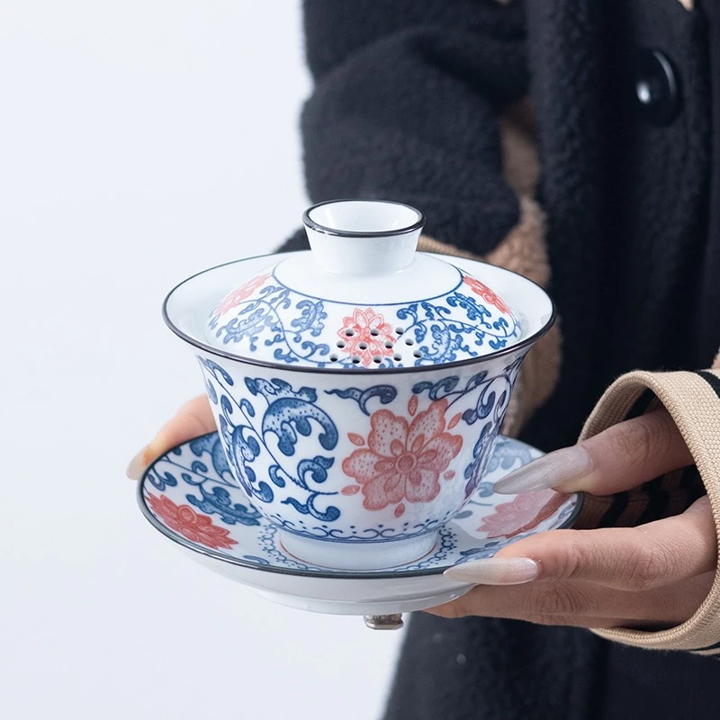 D250-三才盖碗中式复古青花釉下彩双色盘花盖碗大号白瓷家用套装