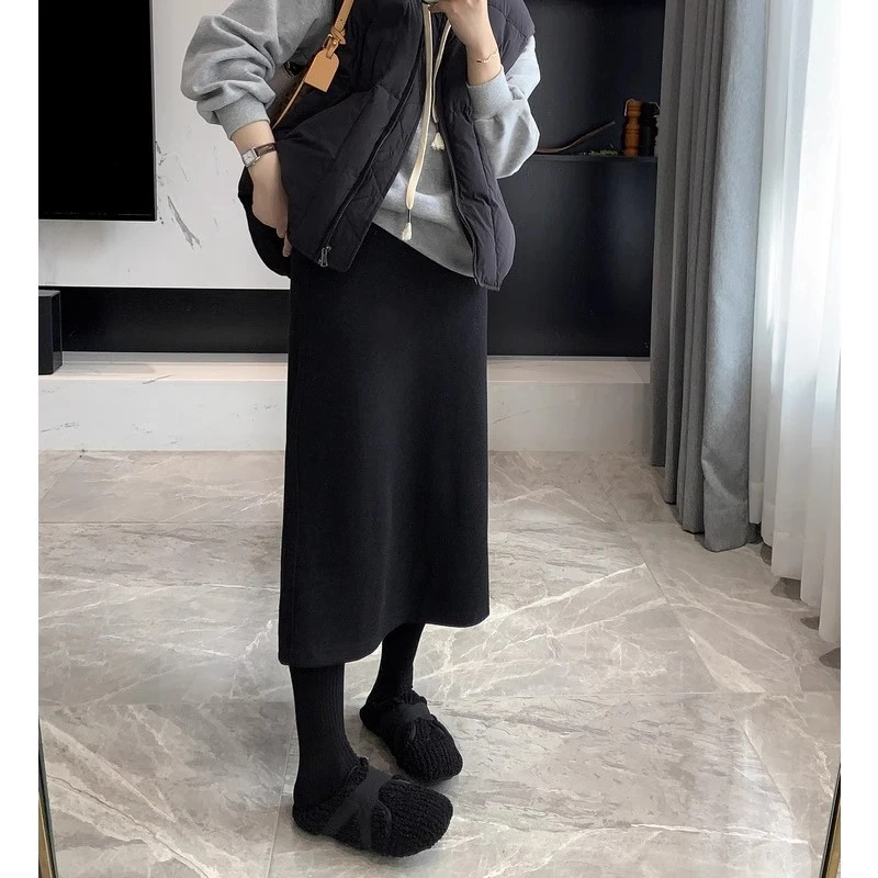大码黑色半身裙秋季爆款裙子毛呢垂感裙子慵懒气质女休闲高腰松紧