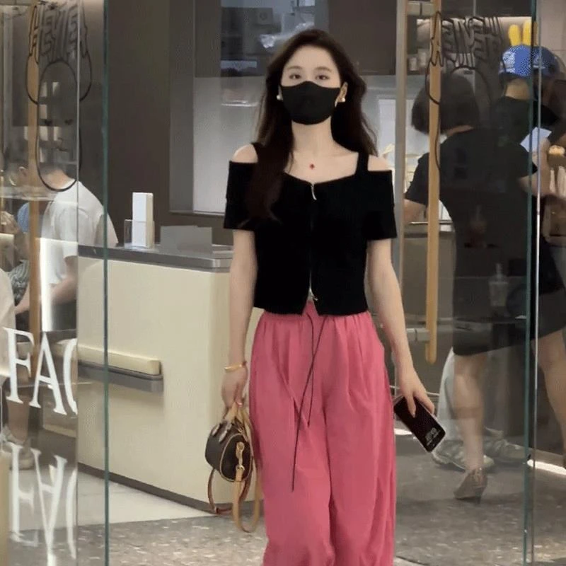 法式一字肩双拉链短袖t恤女2025新款夏季大码胖mm独特别致小上衣