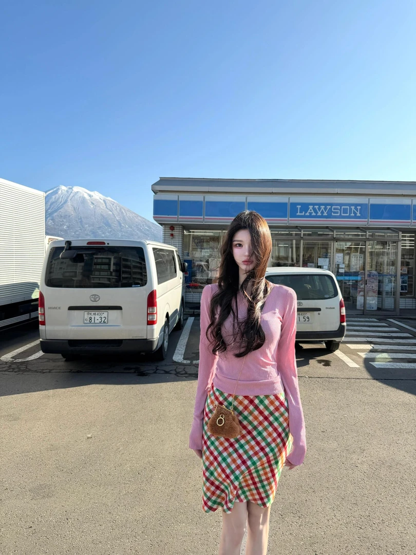 2025秋冬新款甜美减龄修身百搭显瘦粉色针织衫配格纹半身裙两件套