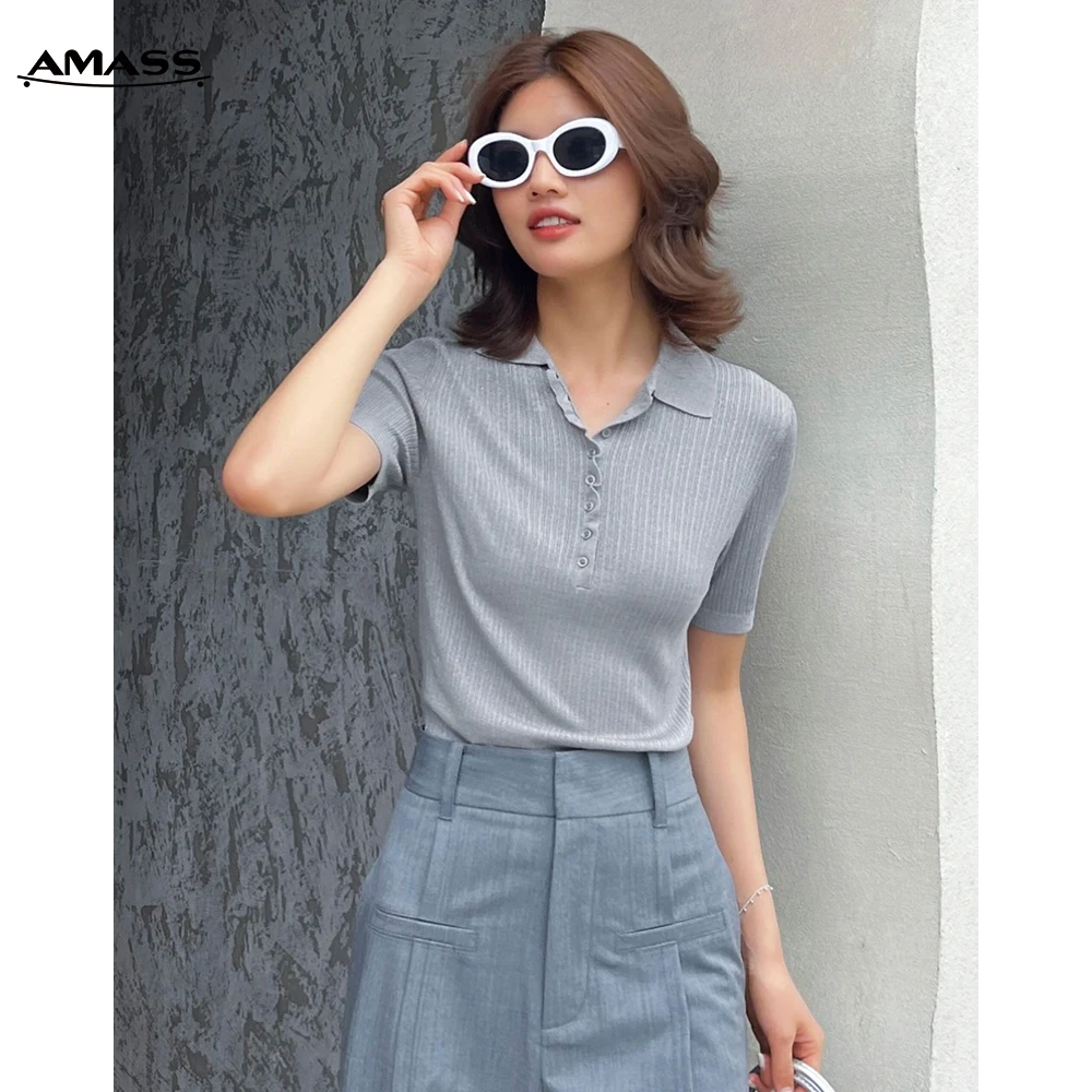 AMASS/阿玛施夏季薄款清凉修身百搭金银丝polo领针织衫女5399710