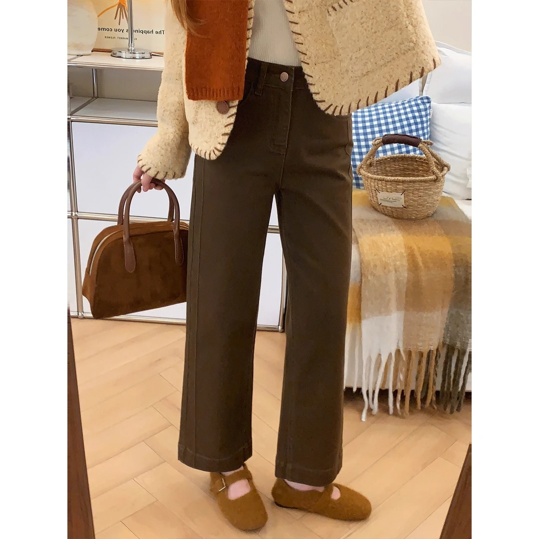 冬季加绒美拉德咖色直筒牛仔裤女2025新款大码梨形身材显瘦烟管裤
