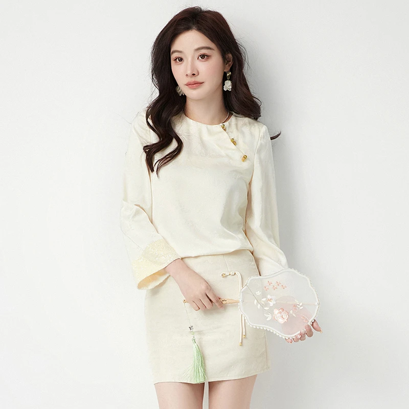 C002新中式提花上衣拼接设计长袖衬衫女51ZW0D0004