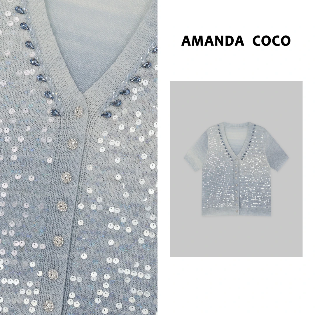 AMANDACOCO静静 |夏季重工串钻人鱼姬亮片清新渐变色系短袖针织衫