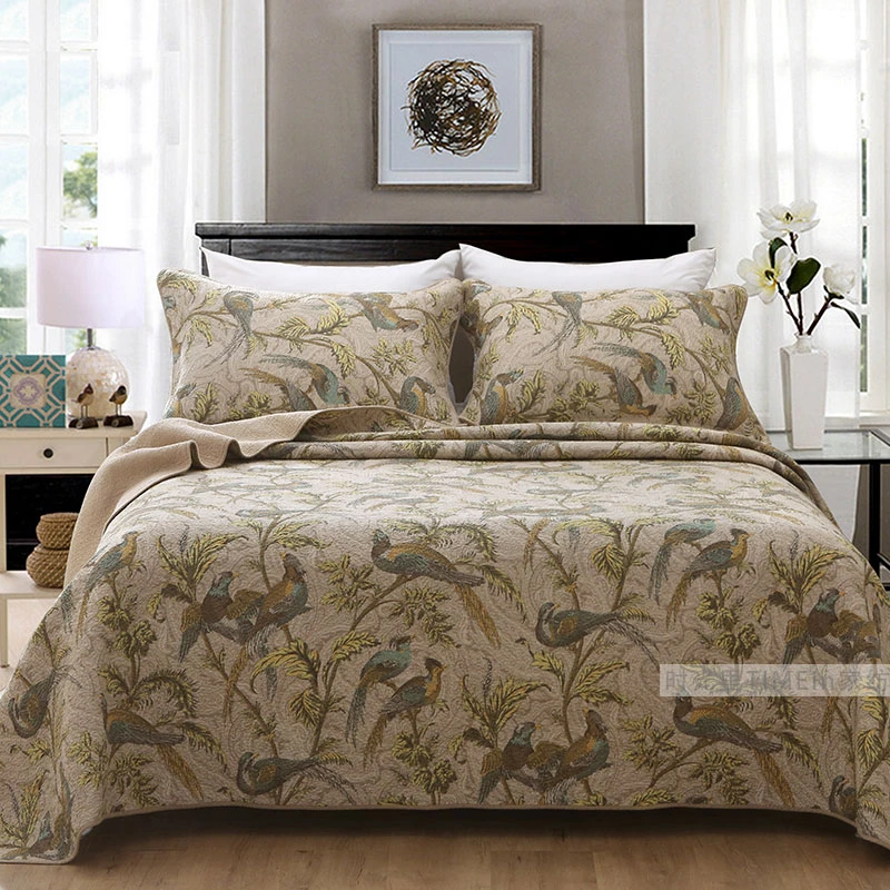 美式复古花鸟床盖三件套绗缝被夹棉纯棉多功能床单双人床垫被水洗