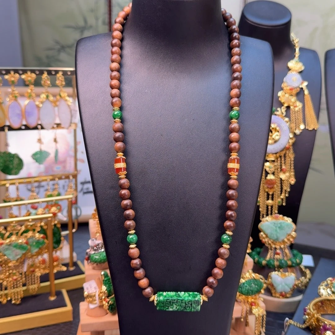 翡翠未镶嵌颈饰福利沉香花青项链串