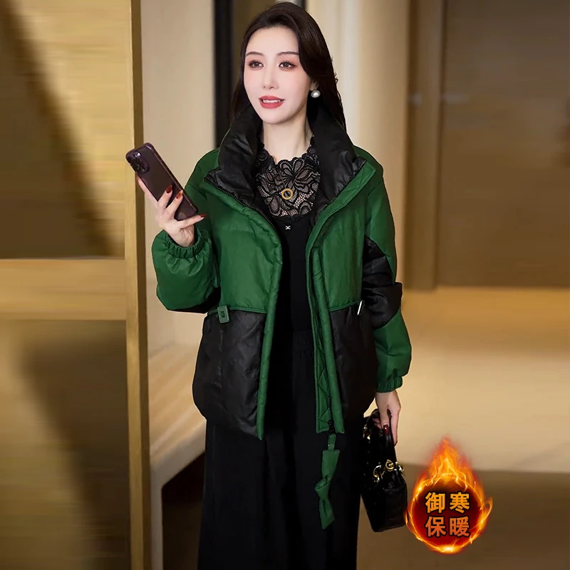 时尚立领加厚加棉保暖棉服外套女2025冬季新款撞色显瘦休闲棉衣潮