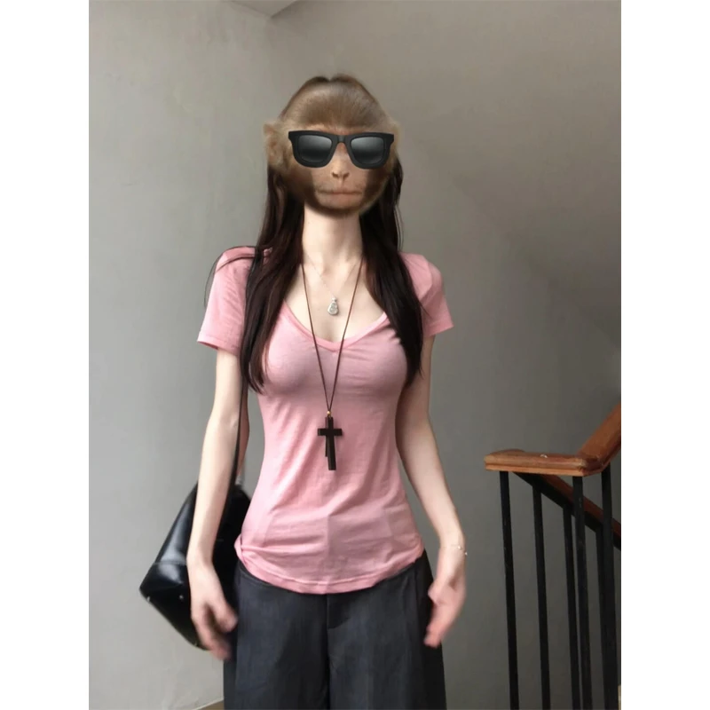 2025夏正肩U领短袖T恤短款高腰修身体恤上衣微喇西裤垂坠感西装裤