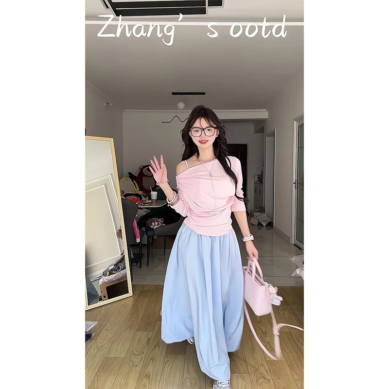 2025新款女士早春季韩系设计感褶皱斜肩T恤上衣高腰宽松半身裙
