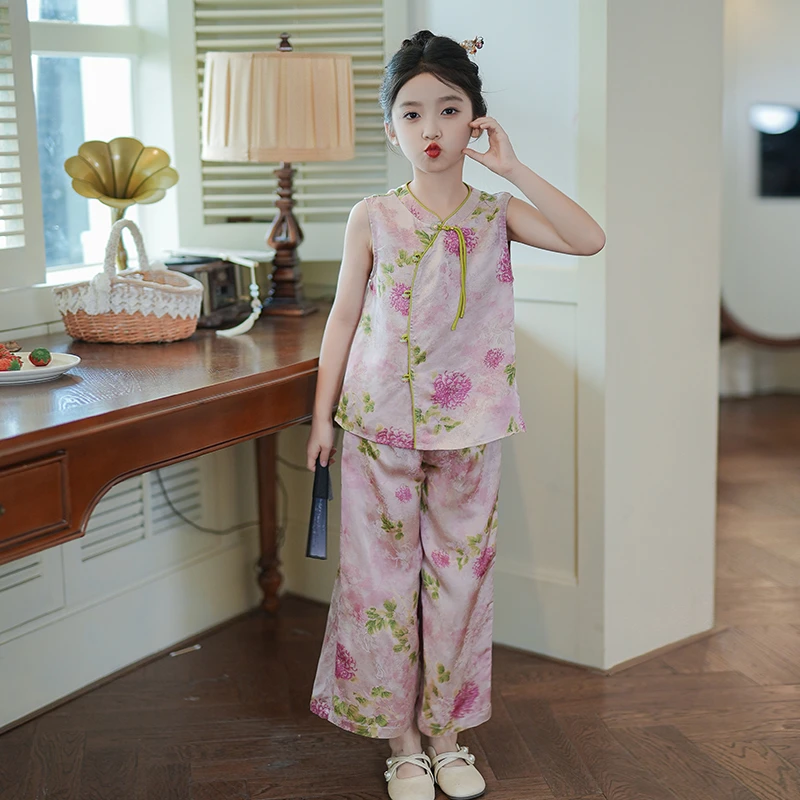 0769575女童装新中式国风套装汉服2025夏季无袖上衣阔腿裤两件套