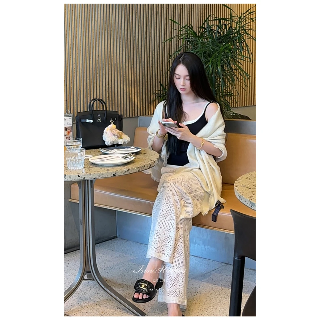 Innstudios 蕾丝镂空钩花直筒裤
