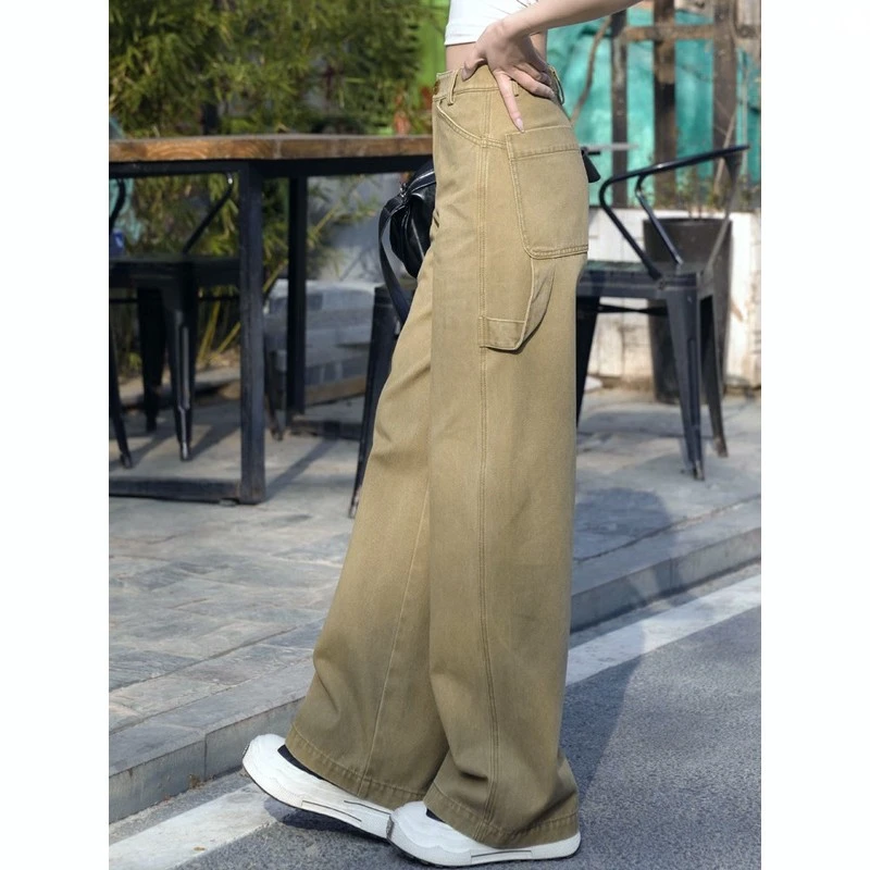 设计感工装阔腿牛仔裤女2025春秋新款高腰宽松垂感卡其显瘦直筒裤