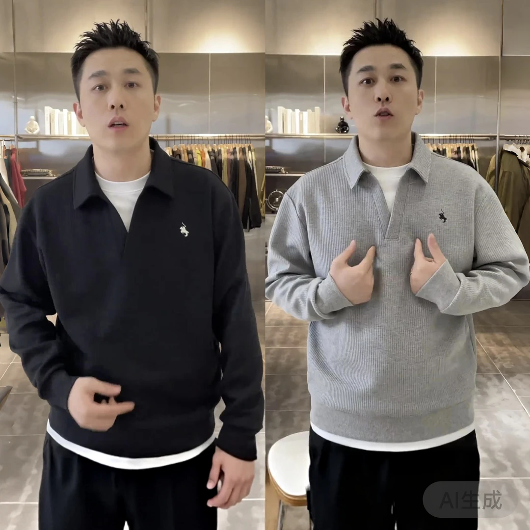 秋季新款男士时尚拼接假两件华夫格刺绣卫衣潮流休闲百搭长袖上衣