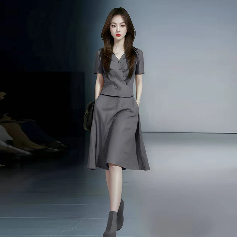 休闲简约v领收腰套装女2025年夏季新款遮肉显瘦上衣半裙两件套