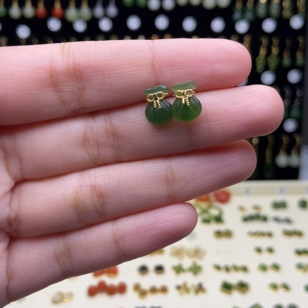 和田玉银S925镀金镶嵌耳饰