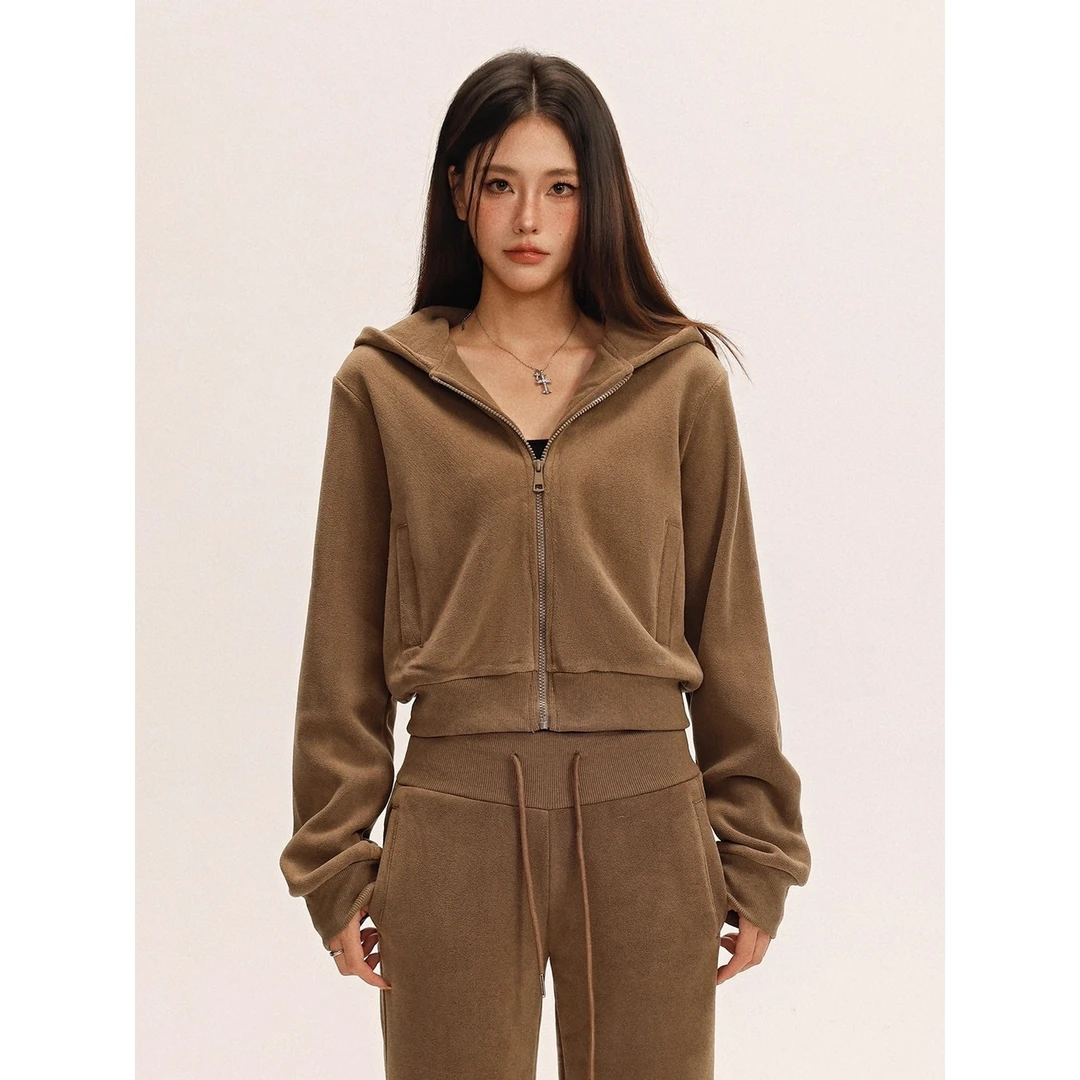 美式休闲抓绒短款卫衣外套+微喇长裤两件套女秋冬新款运动套装