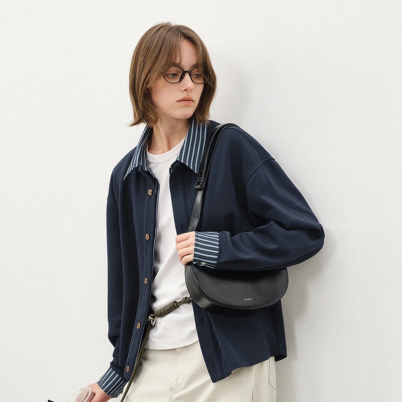 714street学院风假两件条纹长袖衬衫情侣卫衣开衫miu系穿搭521207