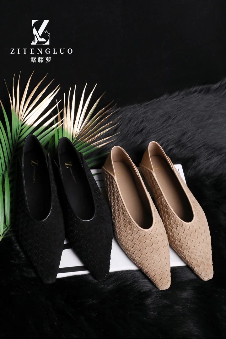 ZiTengLuo/羊皮内里纯色手工编织羊猄两穿女瓢鞋7993-6平底