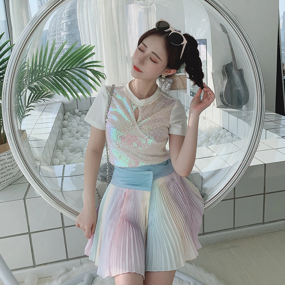 冰冰来了【21168】镂空彩色亮片百搭时尚上衣T恤JJJJ