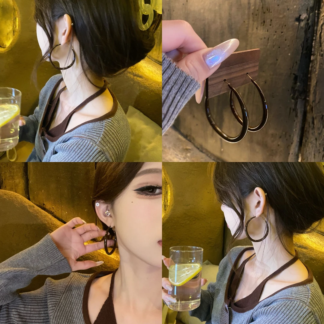 铜合金耳饰  秋冬美拉德咖色大圈耳环女高级感耳圈方圆脸素圈耳饰