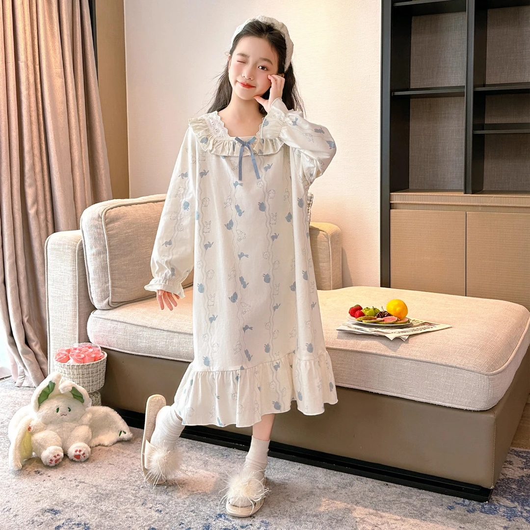 女童长袖睡衣裙子2025新款儿童a类家居服大童纯棉春秋睡裙莫代尔