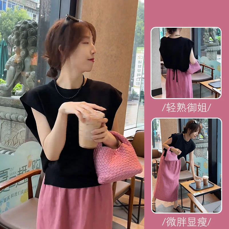 T246747+T246748夏装搭配一整套后背绑带短袖t恤上衣半身裙两件套