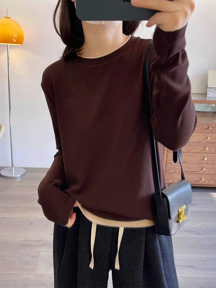 超柔双面磨毛绒假两件设计长袖T恤女秋冬新款韩版圆领内搭打底衫6