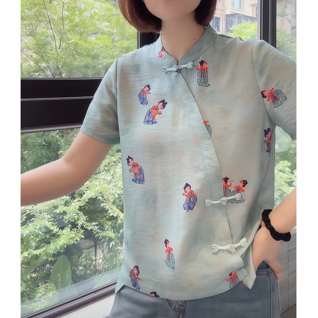 小唐人中式立领盘扣夏季女士短袖小衫2025设计感上衣下摆不规则女