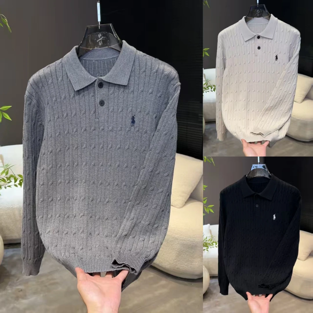 秋季新品浮雕纹刺绣翻领针织毛衣男士百搭时尚休闲街头毛衣5677