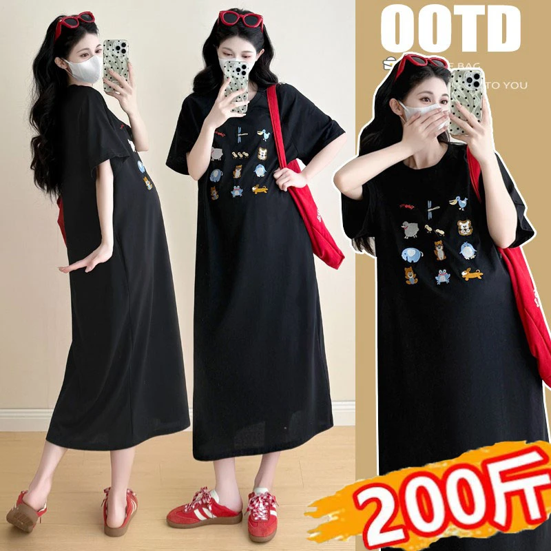 大码孕妇夏装短袖连衣裙时髦设计感纯棉休闲宽松过膝t恤裙潮200斤