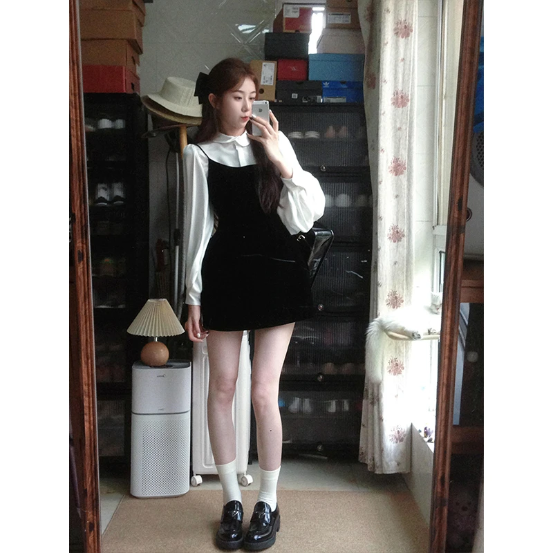 法式娃娃领衬衫miu系千金感吊带连衣裙2025韩系早秋穿搭两件套装