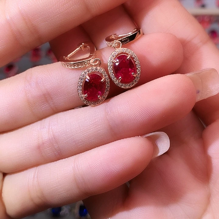 红宝石耳饰银S925镶嵌