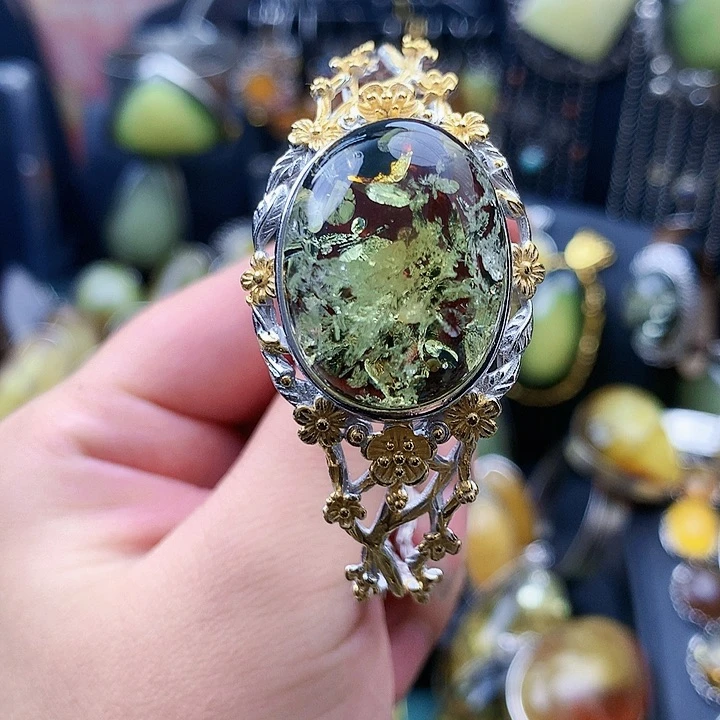 琥珀裸石银S925镶嵌手镯