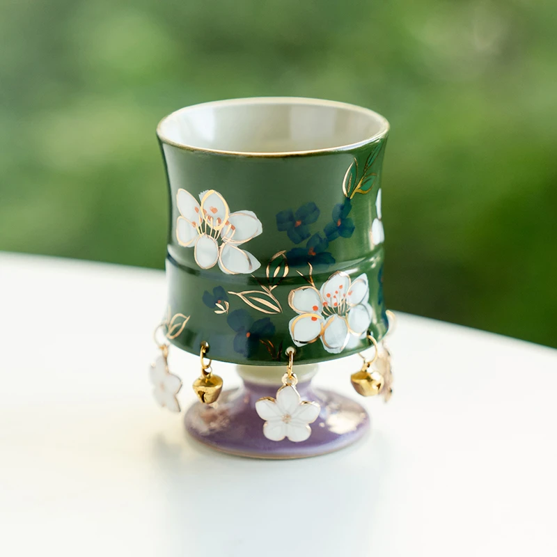 德白高足杯手作祖母绿纯手绘手茉莉花陶瓷单个茶杯家用水杯品茗杯