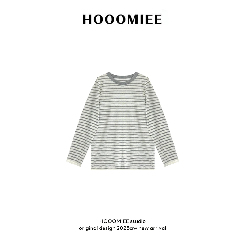 Hooomiee经典雅淡色系横版条纹圆领女士T恤长袖J25069