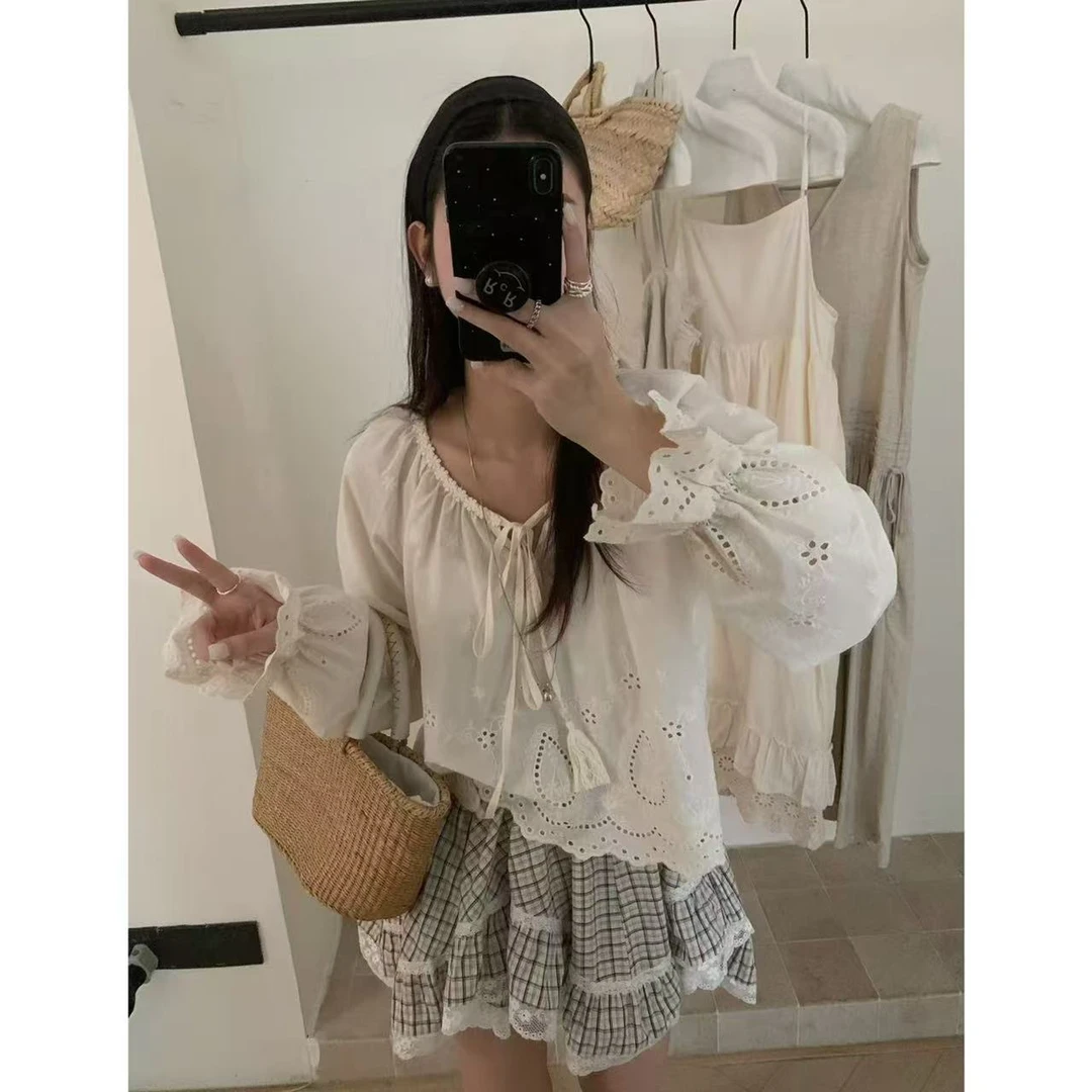 韩系温柔精致镂空钩花系带小衫13090 衣长50
