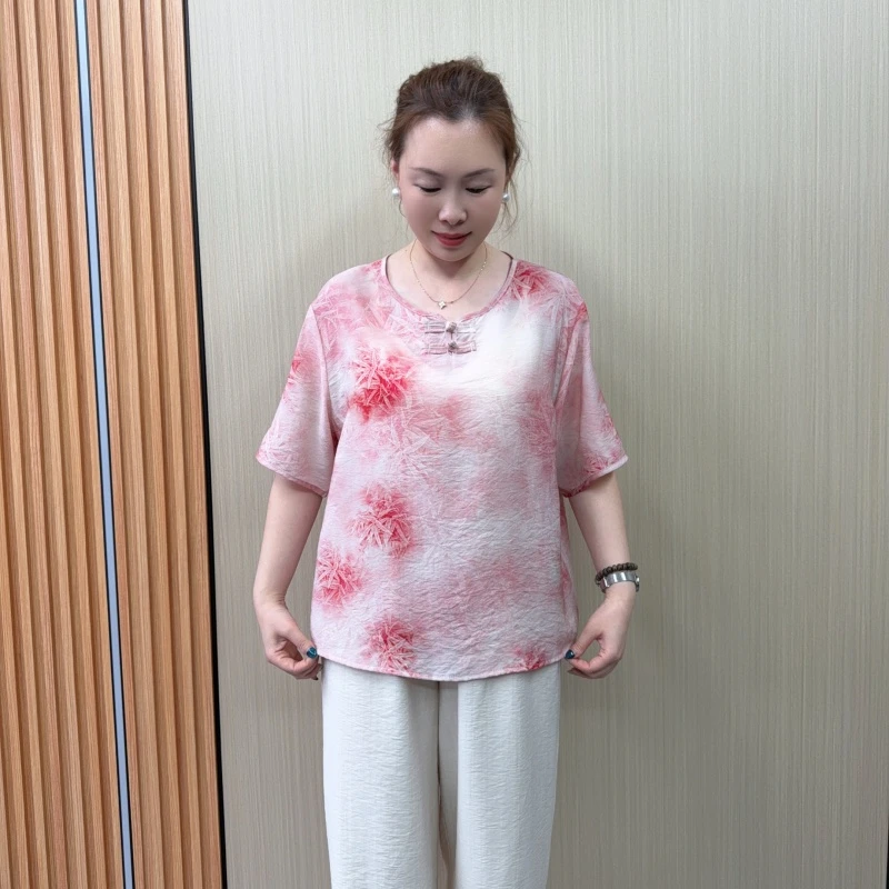高档夏季新款妈妈装中老年短袖圆领T恤时尚套头小衫薄款上衣服